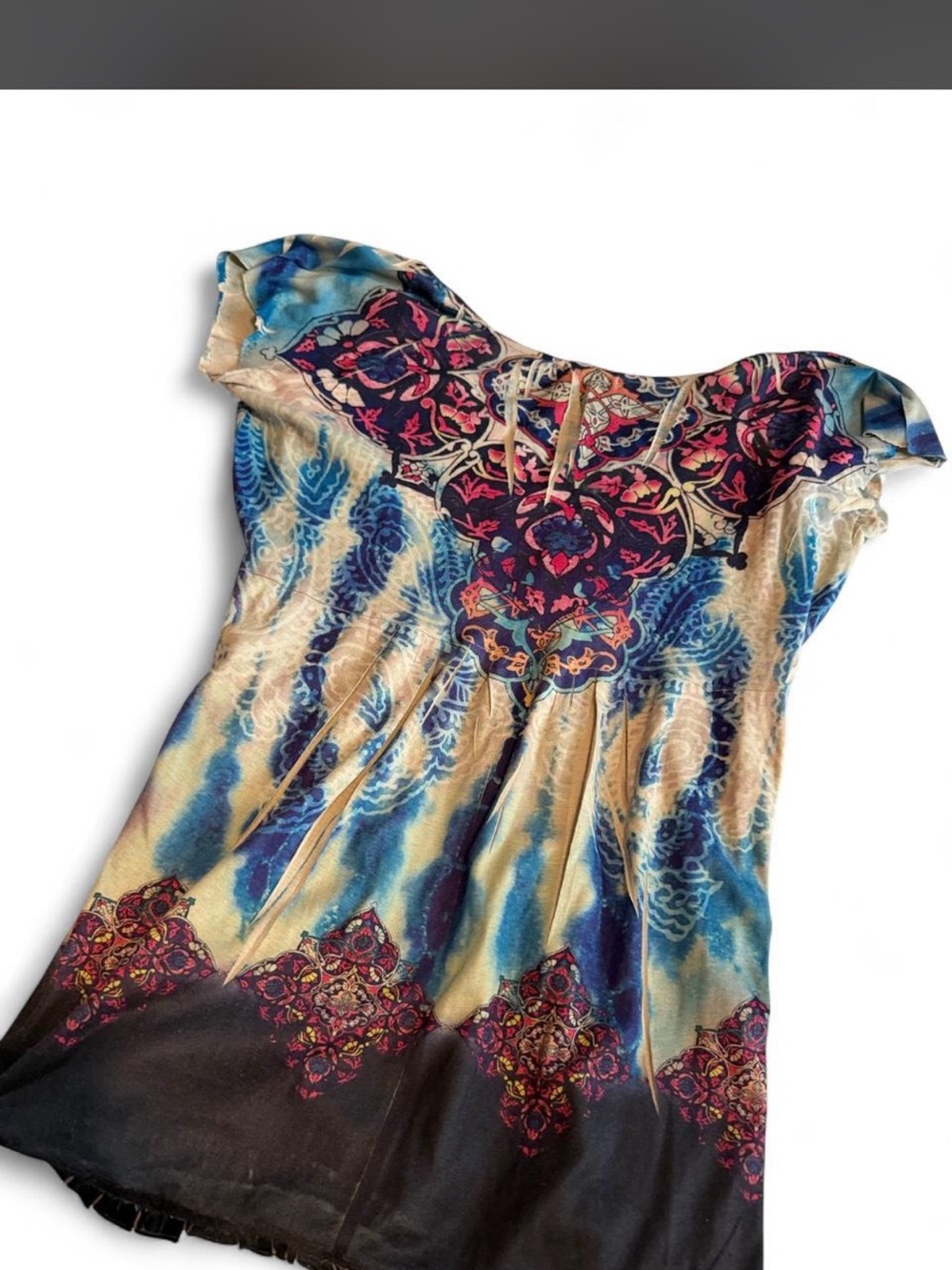 ONE WORLD Short Sleeve Boho Top in Blue and Cream with Pink Accent - Picture 4 of 5